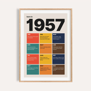 1957 print with twelve coloured month tiles on a plain warm wall