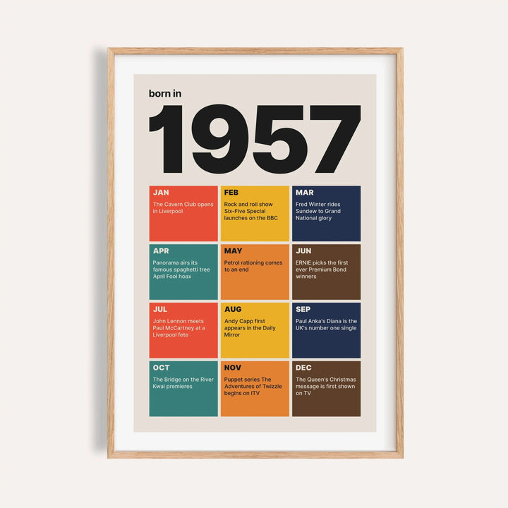 1957 print with twelve coloured month tiles on a plain warm wall