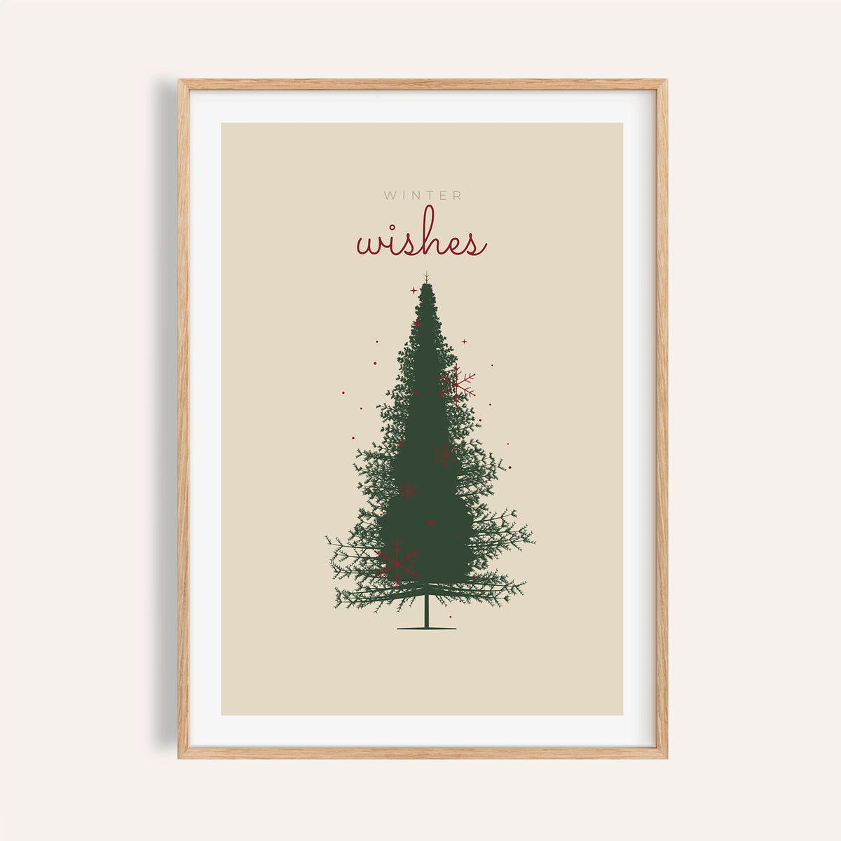 Green spruce Christmas tree print shown on a plain warm wall