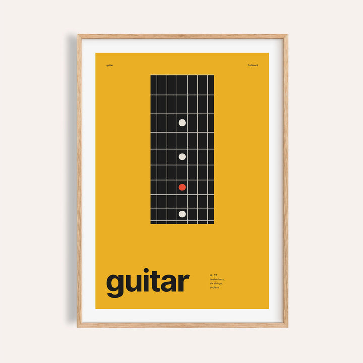 Guitar fretboard close up print shown on a plain warm wall