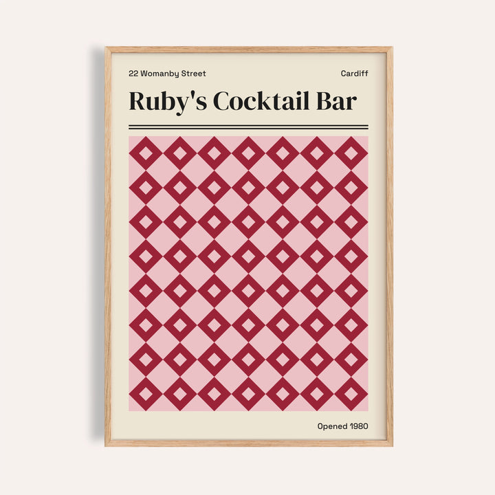 Cardiff print of Ruby's Cocktail Bar with ruby red diamonds on soft pink