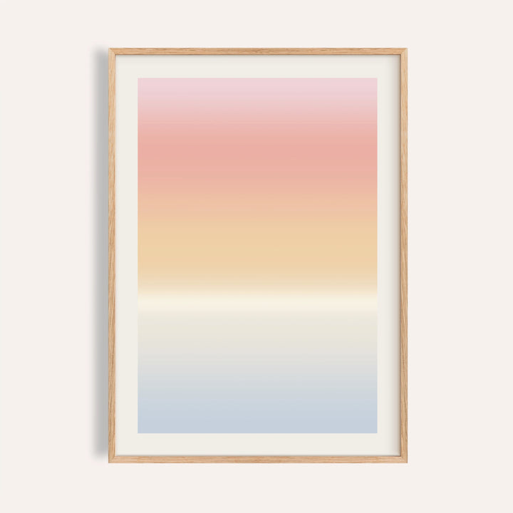 Pastel pink print fading through coral and apricot to cream and soft blue
