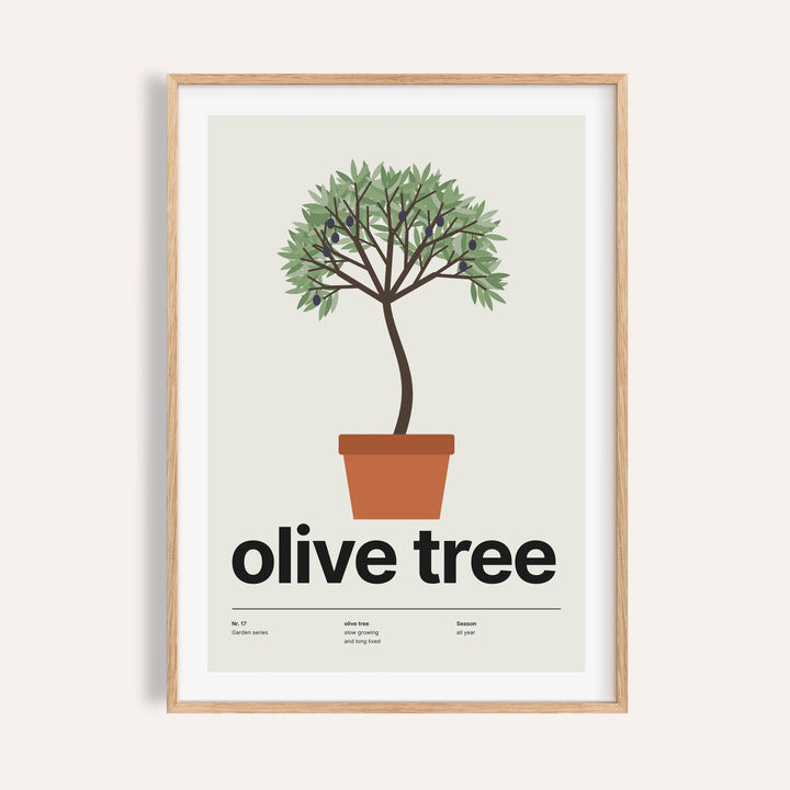 Potted olive tree print shown on a plain warm cream wall