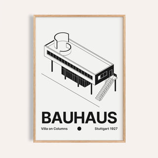 Black and white architecture poster of a villa raised on slim columns with a ribbon window