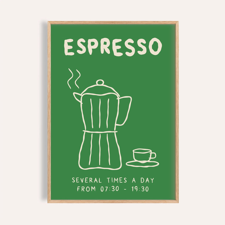 Moka pot print of a cream line drawing of a stovetop coffee pot and espresso cup on green under the word ESPRESSO
