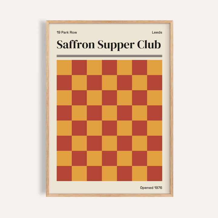 Leeds print of Saffron Supper Club with a saffron yellow and brick red checkerboard