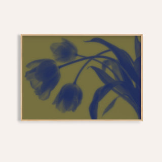 navy tulip print showing tulips in soft focus on olive green