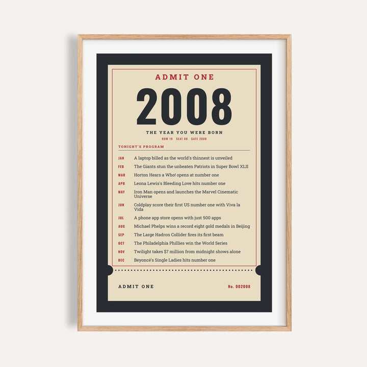 2008 print styled as an Admit One ticket on a plain warm wall