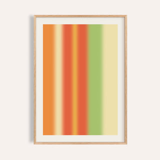 Bright abstract wall art with soft vertical stripes of orange, red and green