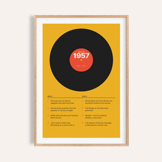 1957 print styled as a vinyl record on mustard on a plain warm wall