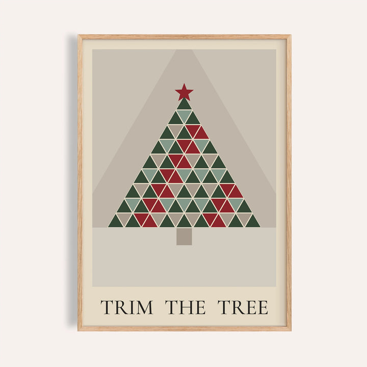 Patchwork quilt Christmas tree print shown on a plain warm wall