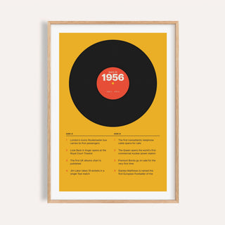 1956 print styled as a vinyl record on mustard on a plain warm wall