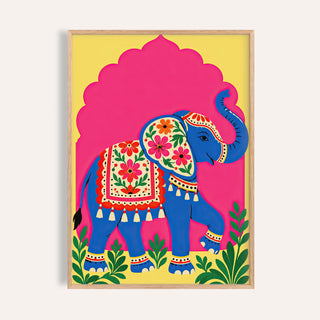Elephant art print with a decorated blue elephant under a pink scalloped arch