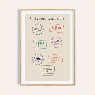 Passport stamps retirement print shown on a plain warm cream wall
