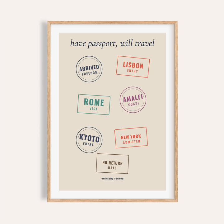 Passport stamps retirement print shown on a plain warm cream wall