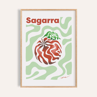 Basque apple print of a red swirl patterned apple under the word Sagarra on sage waves