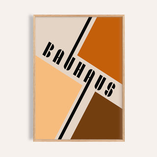 Framed modern mid century poster with bauhaus typography in brown, cream and orange colours