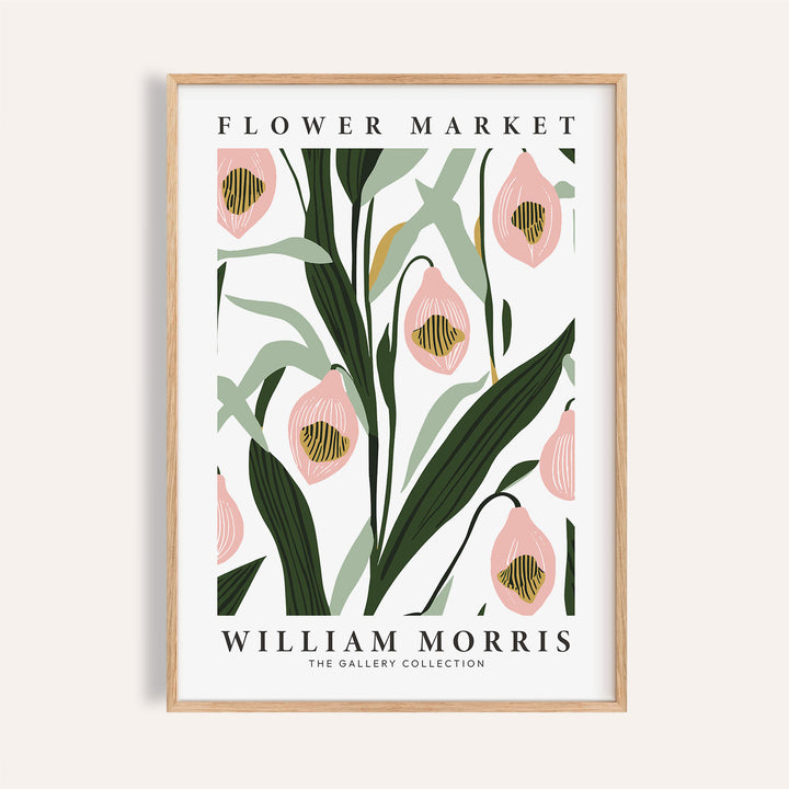 Paintings of orchids featuring soft pink floral William Morris design
