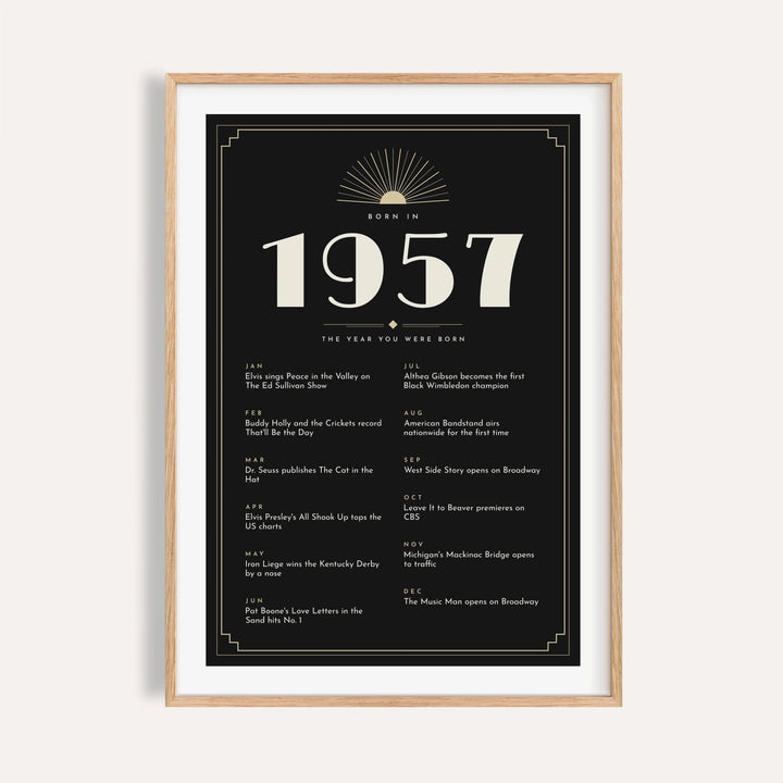 1957 Art Deco print in cream on black on a plain warm wall