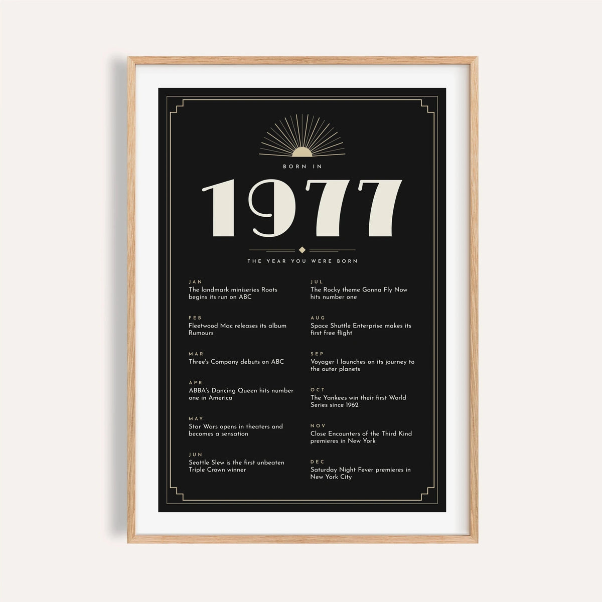 1977 Art Deco print in cream on black on a plain warm wall