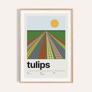 Tulip field print shown on a plain warm cream wall