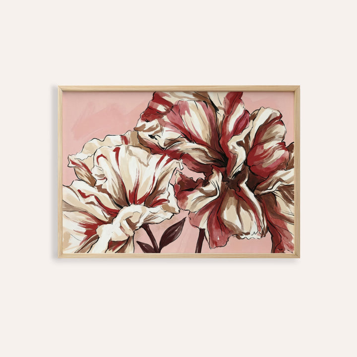 Close-up floral poster with ruffled cream petals and dark red brushstrokes