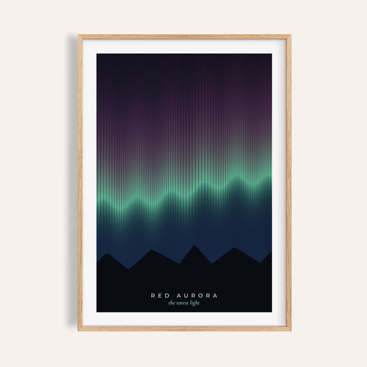 Red and green aurora print shown on a plain warm wall