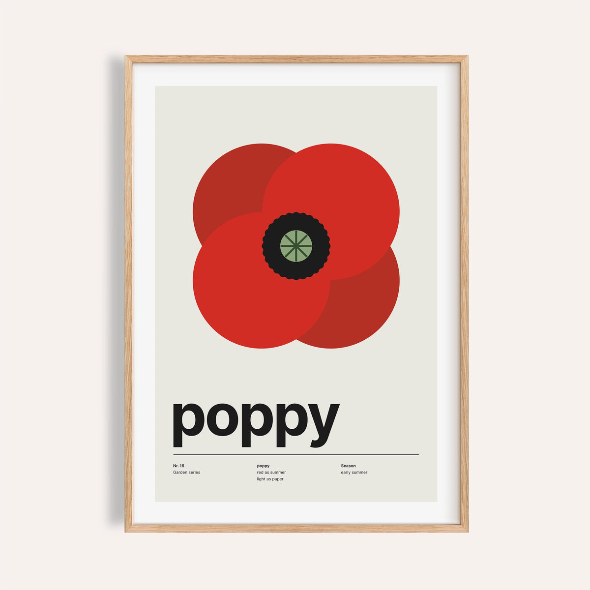 Red poppy print shown on a plain warm cream wall