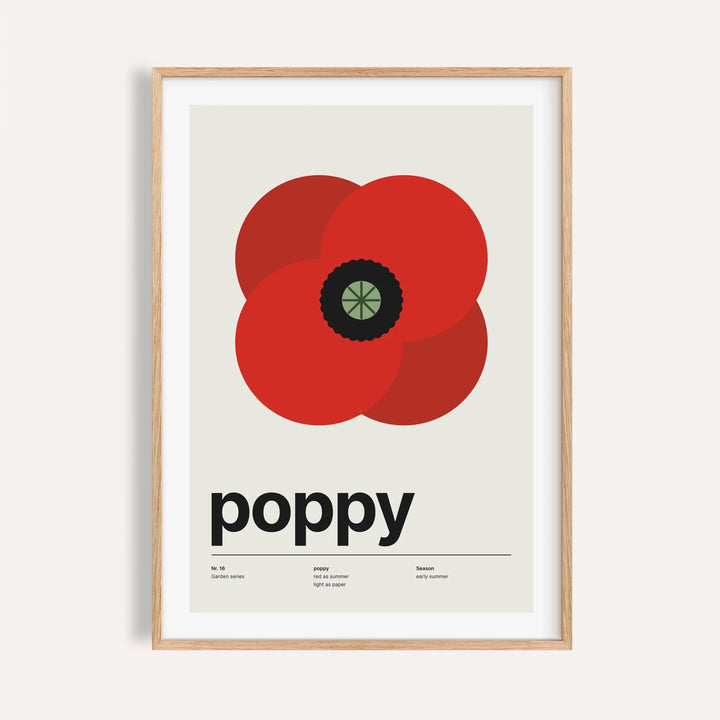 Red poppy print shown on a plain warm cream wall