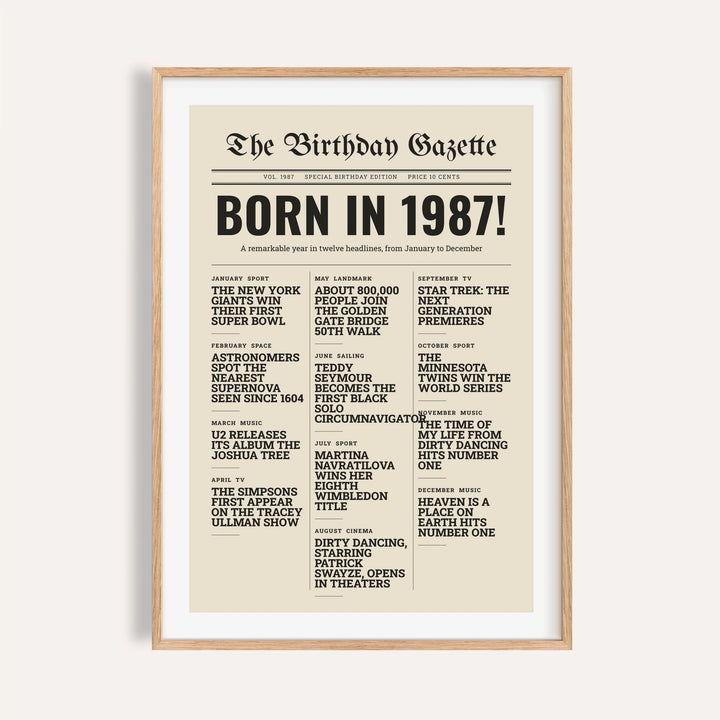 1987 print styled as a newspaper front page on a plain warm wall