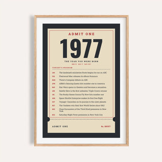 1977 print styled as an Admit One ticket on a plain warm wall