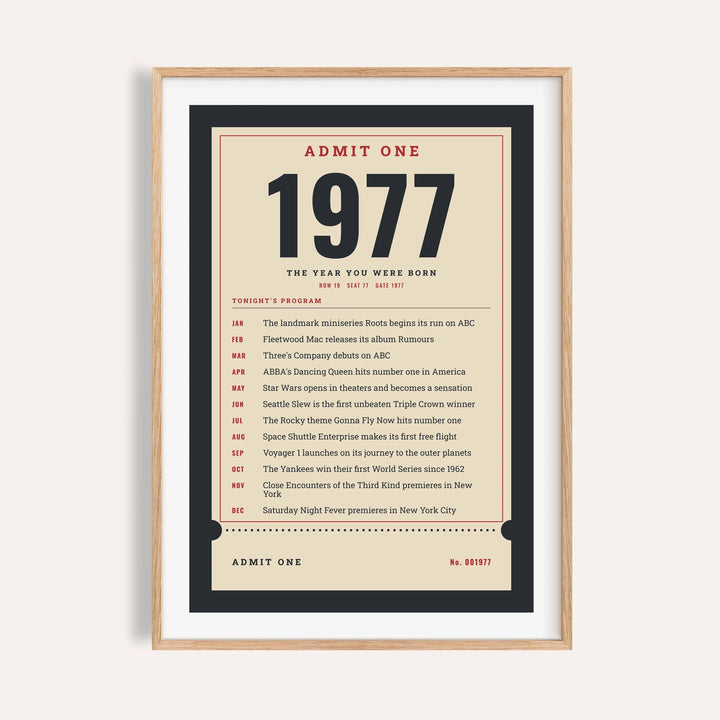 1977 print styled as an Admit One ticket on a plain warm wall