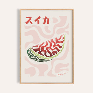 Watermelon print of a red melon wedge under the katakana word for watermelon on pink waves