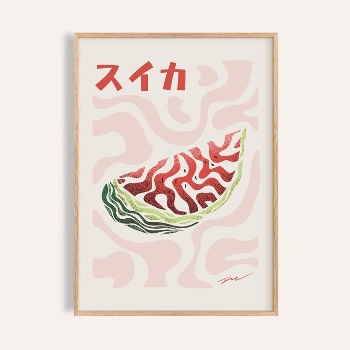 Watermelon print of a red melon wedge under the katakana word for watermelon on pink waves