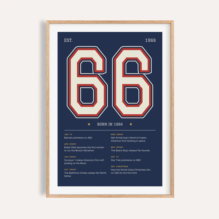 1966 print with a stitched varsity number on a plain warm wall