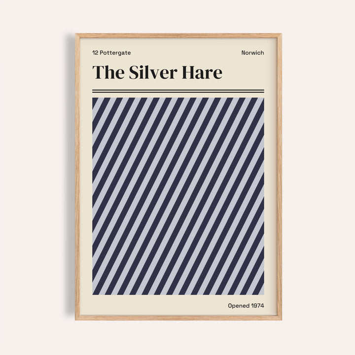 Norwich print of The Silver Hare with diagonal navy and silver grey stripes