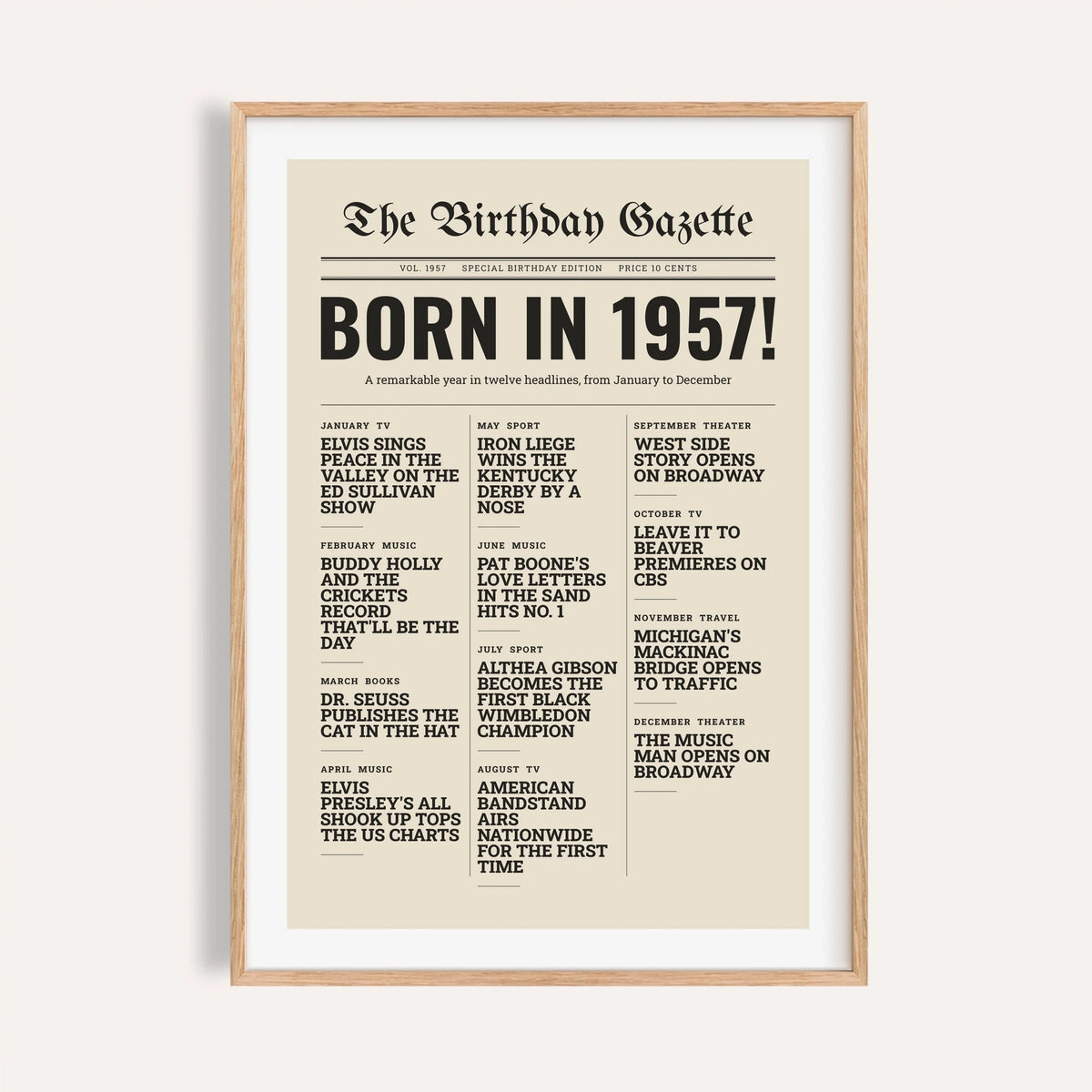 1957 print styled as a newspaper front page on a plain warm wall