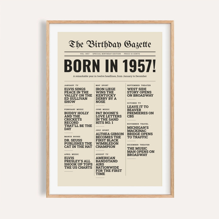 1957 print styled as a newspaper front page on a plain warm wall