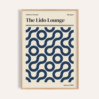 Margate print of The Lido Lounge with looping navy curves and rings on cream