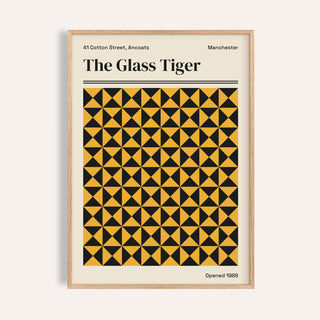 Manchester art print of The Glass Tiger with mustard yellow and black bowtie triangles