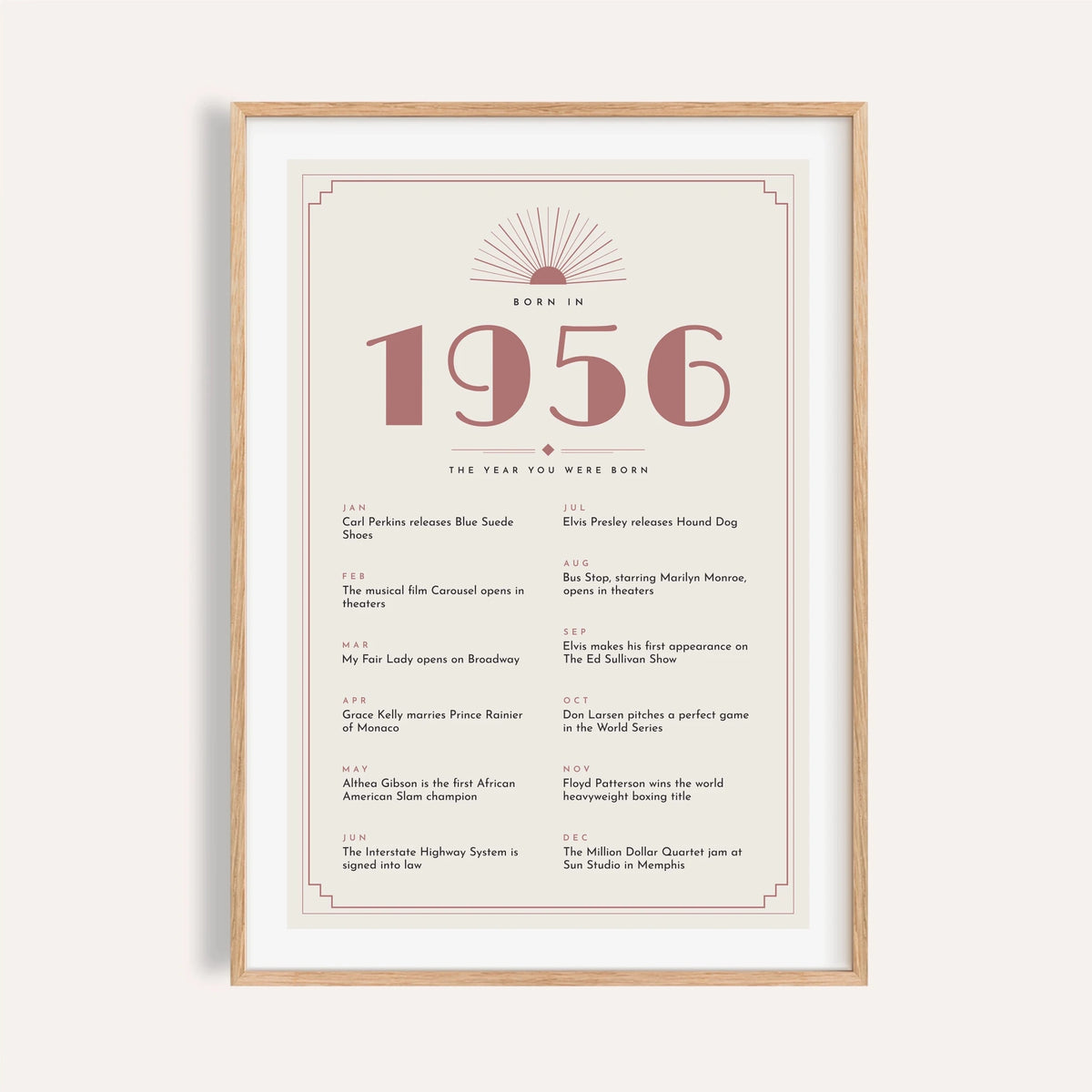 1956 Art Deco print with dusty rose numerals on a plain warm wall