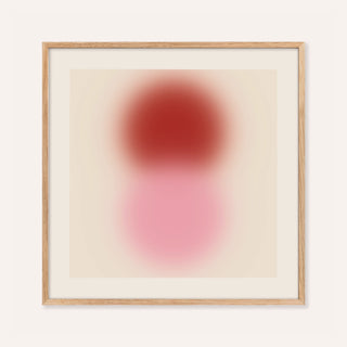 Pink and red print with a cherry red orb stacked above a soft pink orb