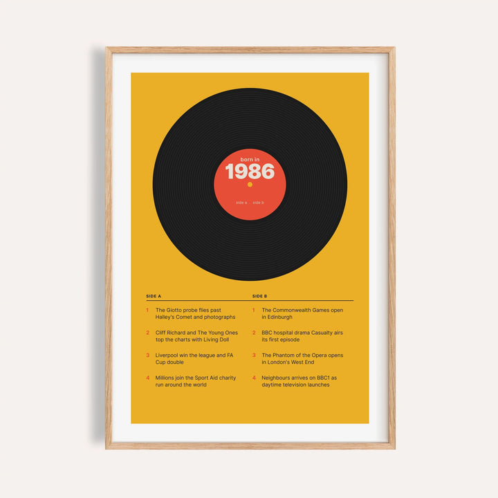 1986 print styled as a vinyl record on mustard on a plain warm wall