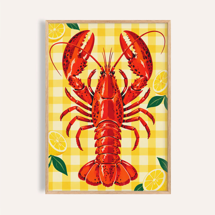 Lobster and Lemons print with a scarlet lobster and lemon halves on yellow gingham