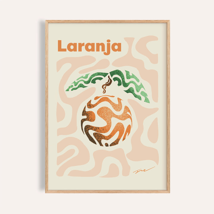 Basque orange print of a swirl patterned orange under the word Laranja on peach waves