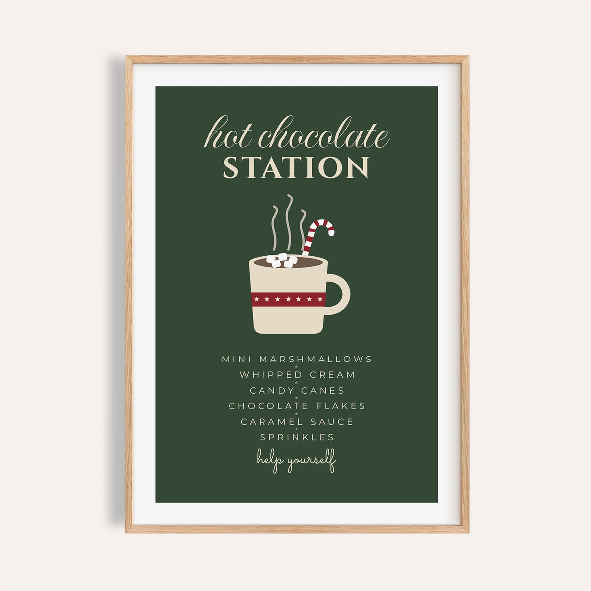 Green hot chocolate station print shown on a plain warm wall
