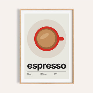 Red espresso cup kitchen print shown on a plain warm wall