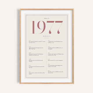 1977 year print with dusty rose numerals on cream on a plain warm wall