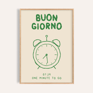 Buongiorno print of a green line drawn alarm clock at 07:29 under BUON GIORNO