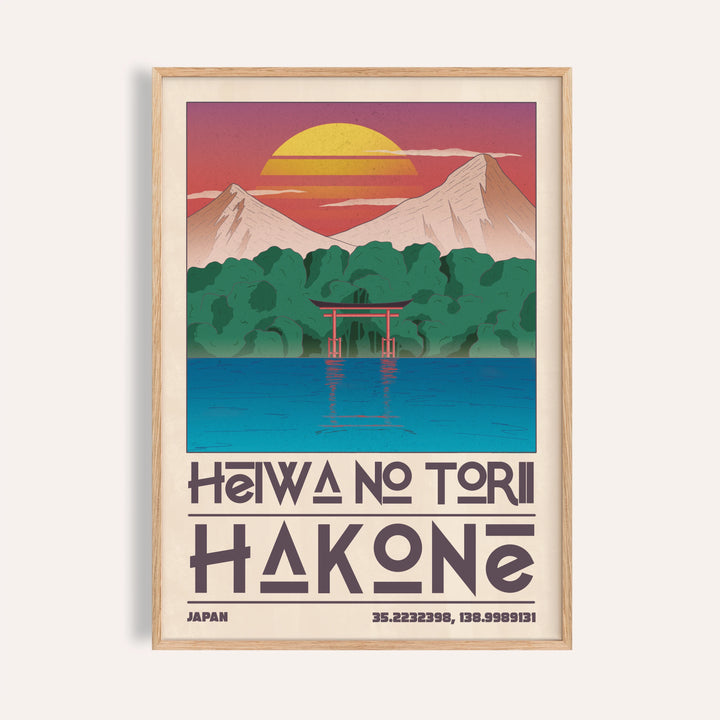 Hakone poster of a red torii gate on a blue lake under a striped setting sun